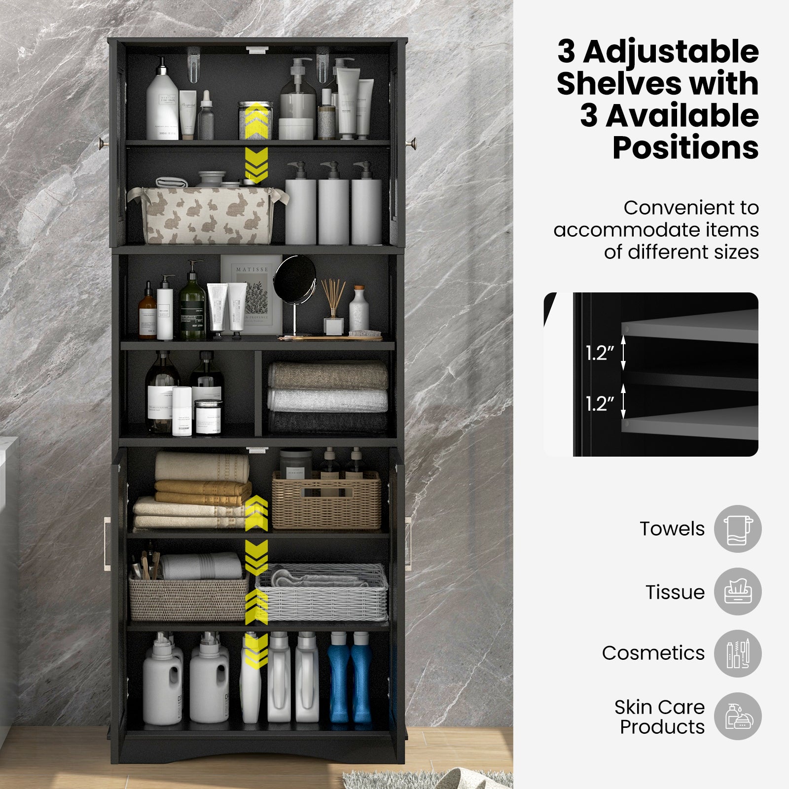 Tall Bathroom Cabinet Large Floor Storage Cabinet with Acrylic Doors and 3 Cubes, Black Floor Cabinets at Gallery Canada