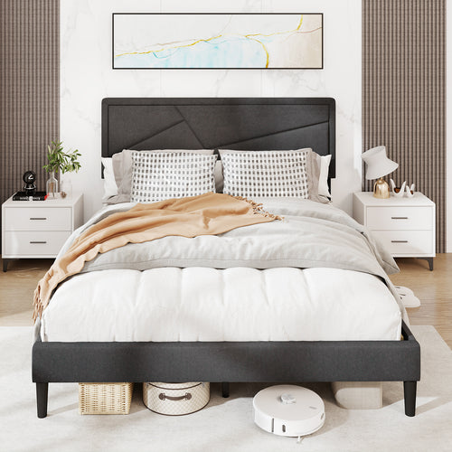 Twin/Full/Queen Size Upholstered Platform Bed Frame with High Headboard-Queen Size, Gray
