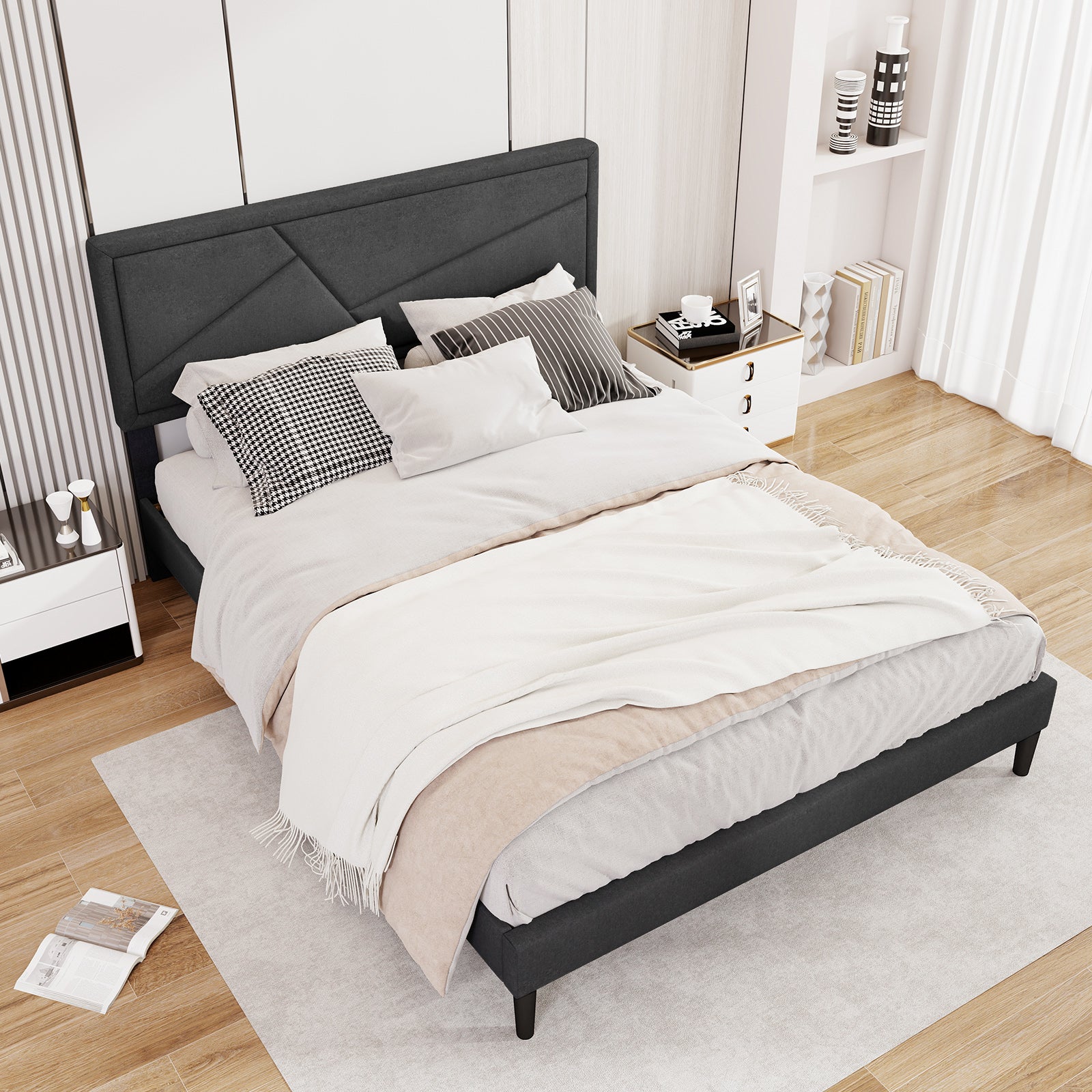 Twin/Full/Queen Size Upholstered Platform Bed Frame with High Headboard-Queen Size, Gray Simple Bed Frame at Gallery Canada
