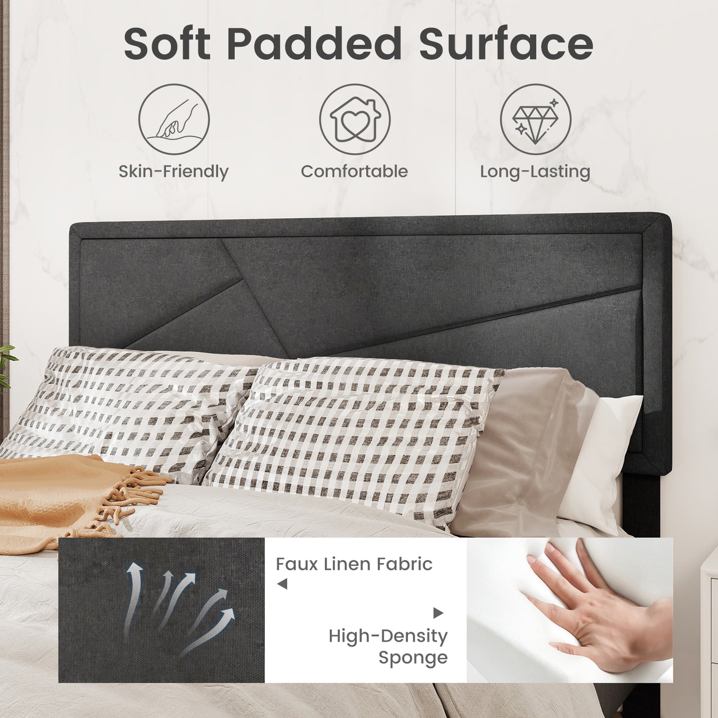 Cadre de lit plateforme rembourré taille Queen, gris