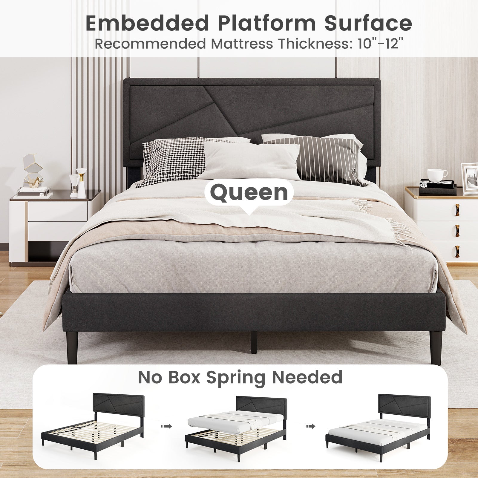 Twin/Full/Queen Size Upholstered Platform Bed Frame with High Headboard-Queen Size, Gray Simple Bed Frame at Gallery Canada