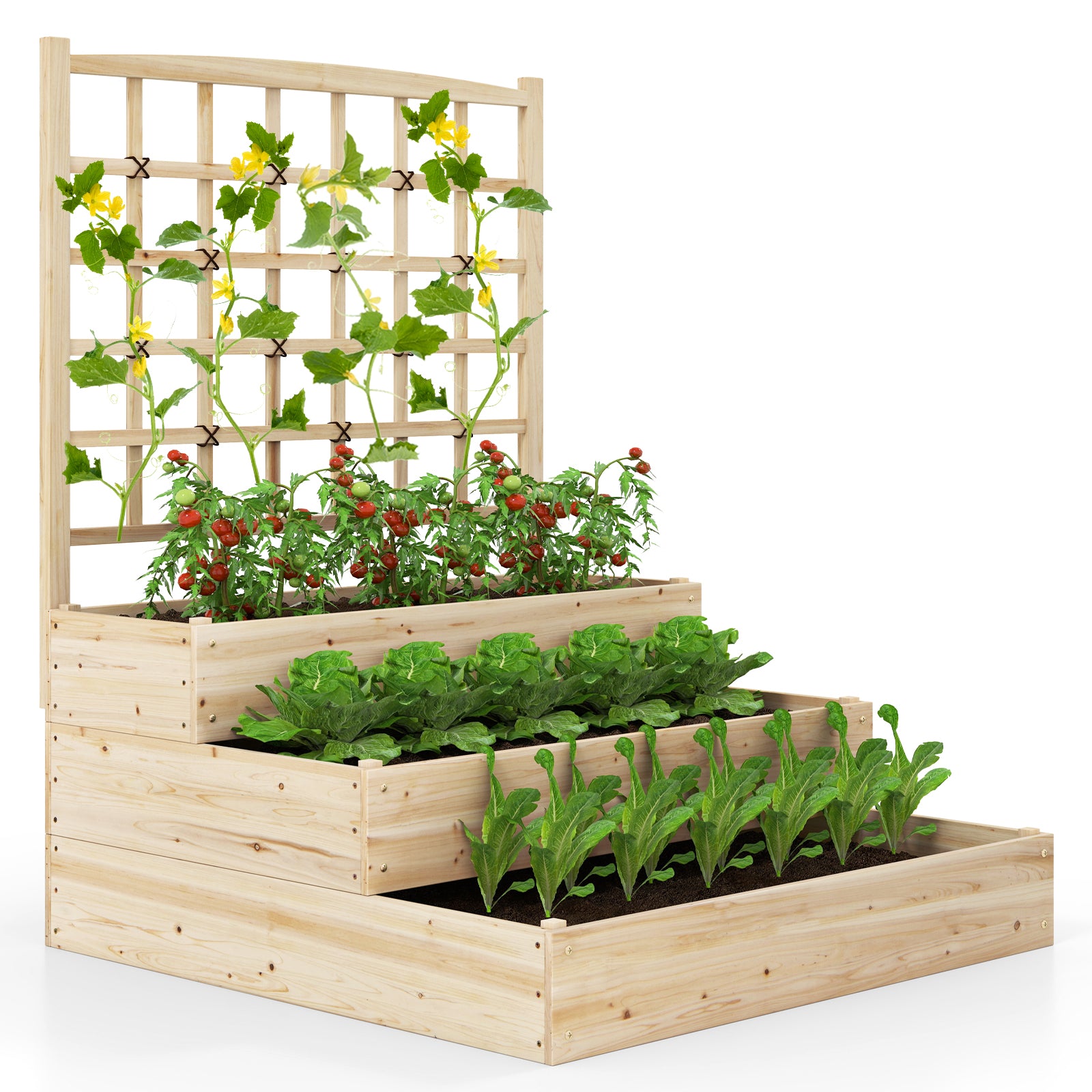 3-Tier Raised Garden Bed with Lattice Trellis and Open-Ended Base, Natural Raised Garden Beds Natural at Gallery Canada