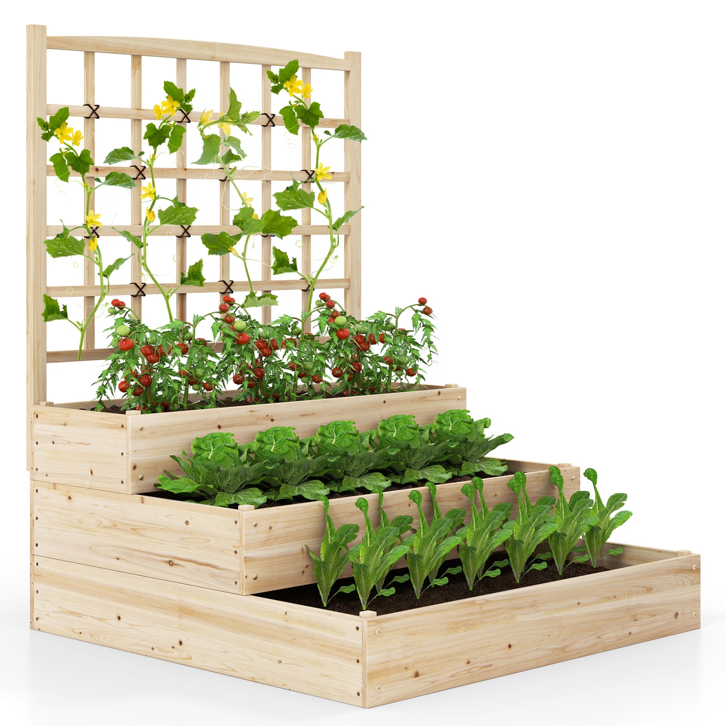 3-Tier Raised Garden Bed with Lattice Trellis and Open-Ended Base, Natural Raised Garden Beds Natural at Gallery Canada
