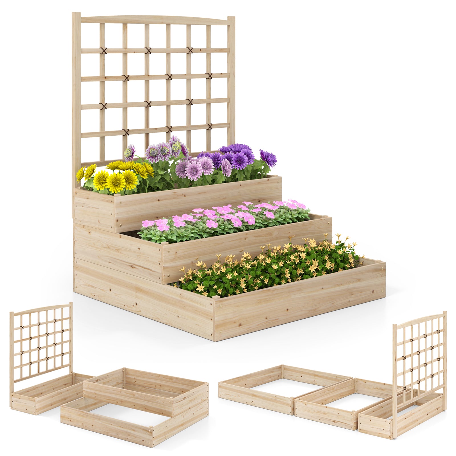 3-Tier Raised Garden Bed with Lattice Trellis and Open-Ended Base, Natural Raised Garden Beds at Gallery Canada