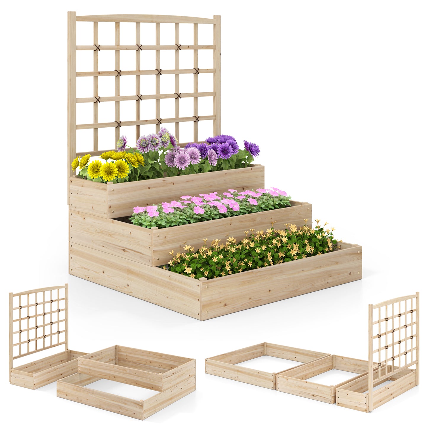 3-Tier Raised Garden Bed with Lattice Trellis and Open-Ended Base, Natural Raised Garden Beds at Gallery Canada