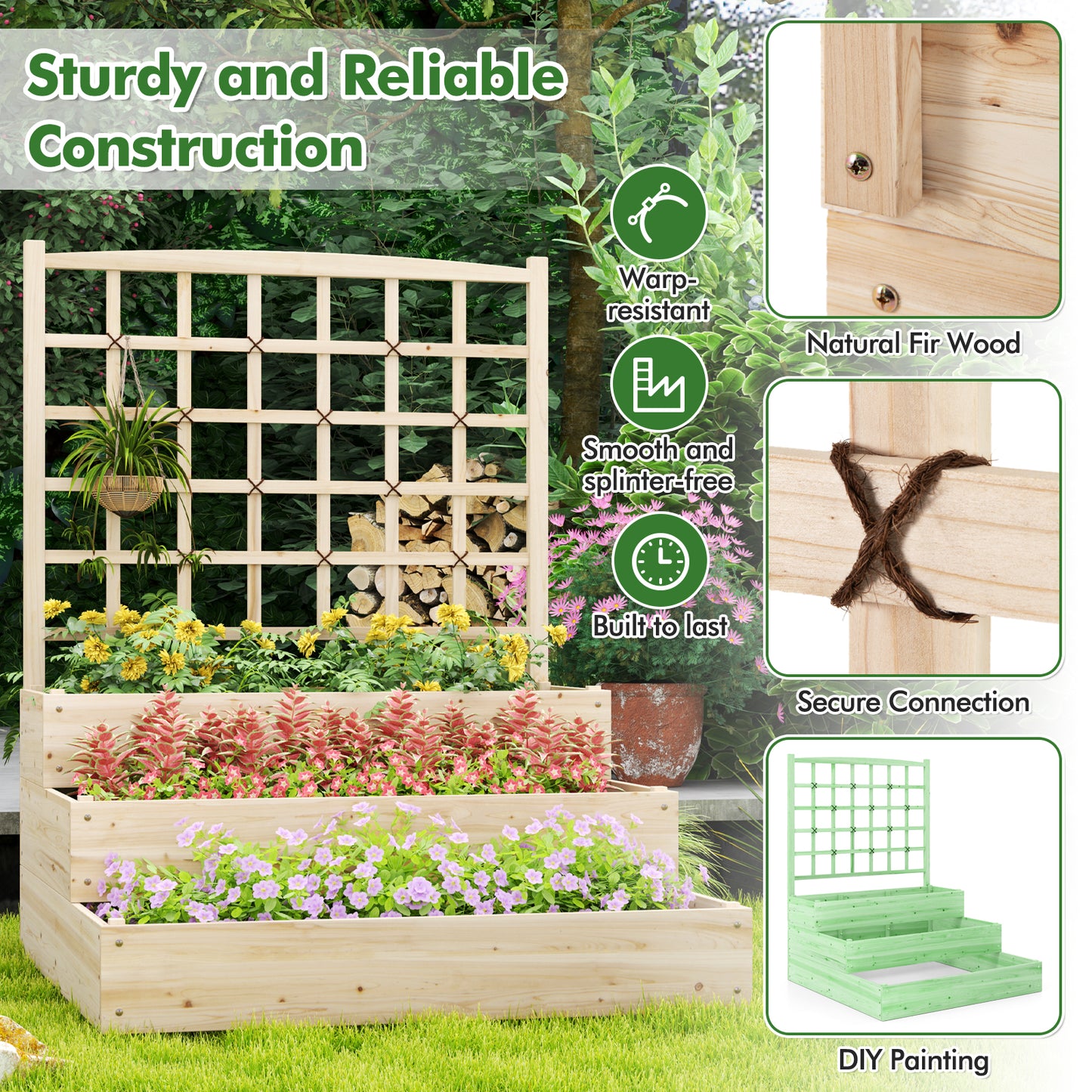 3-Tier Raised Garden Bed with Lattice Trellis and Open-Ended Base, Natural Raised Garden Beds at Gallery Canada