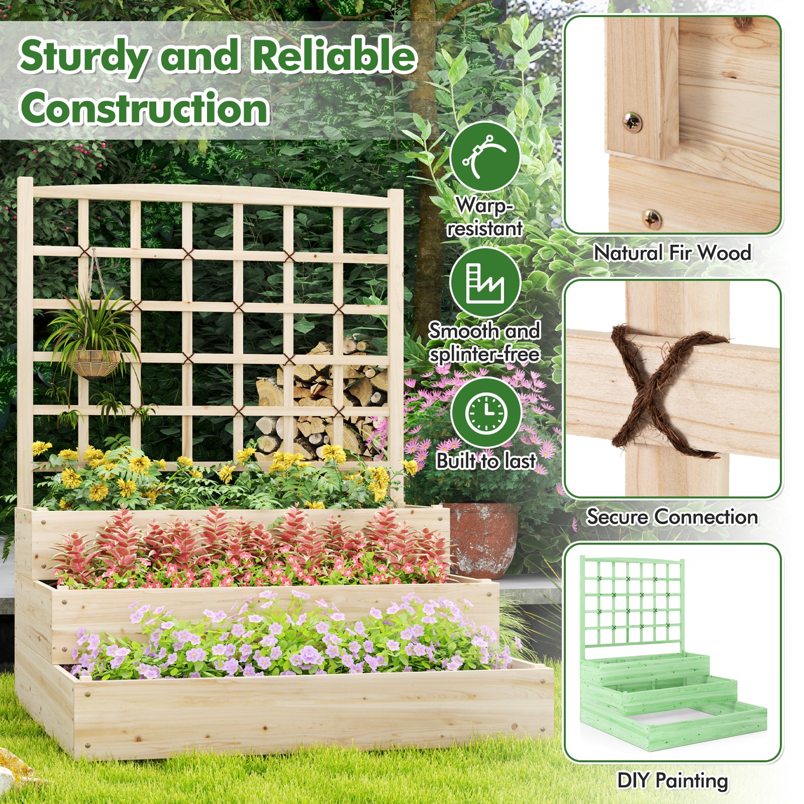 3-Tier Raised Garden Bed with Lattice Trellis and Open-Ended Base, Natural Raised Garden Beds at Gallery Canada