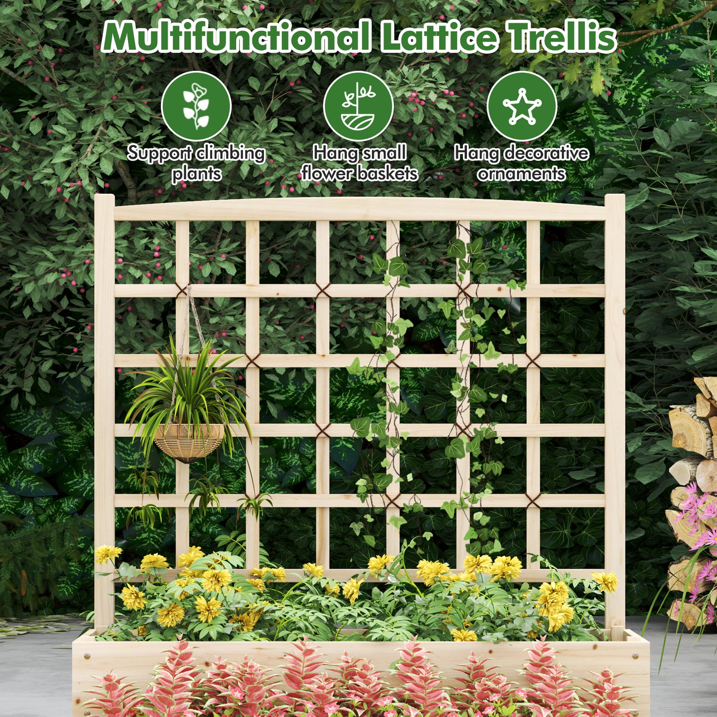 3-Tier Raised Garden Bed with Lattice Trellis and Open-Ended Base, Natural Raised Garden Beds at Gallery Canada