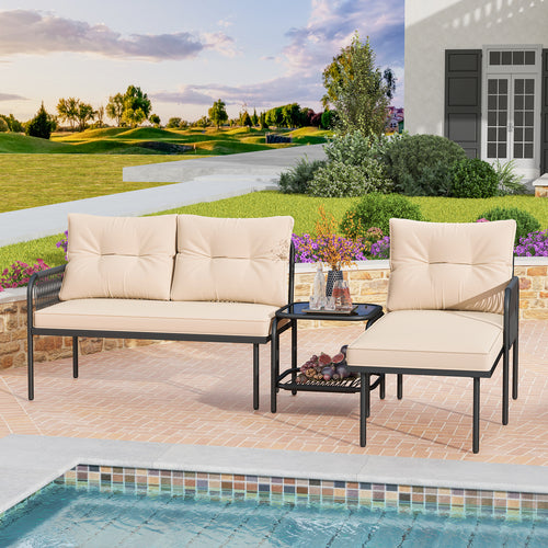 3-Piece L Shaped Patio Furniture Set PE Rattan Sectional Sofas, Beige