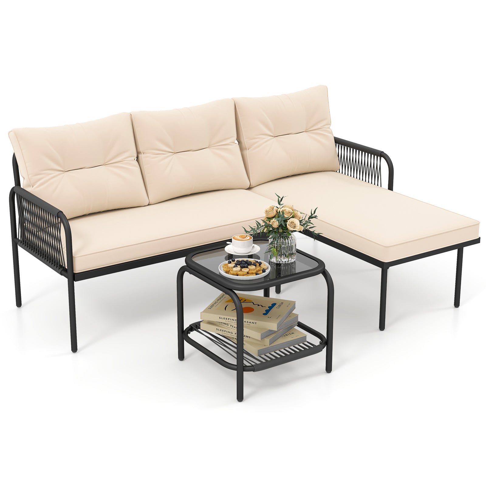 3-Piece L-Shaped Patio Furniture Set, PE Rattan Sectional Sofas, Beige Patio Conversation Sets at Gallery Canada