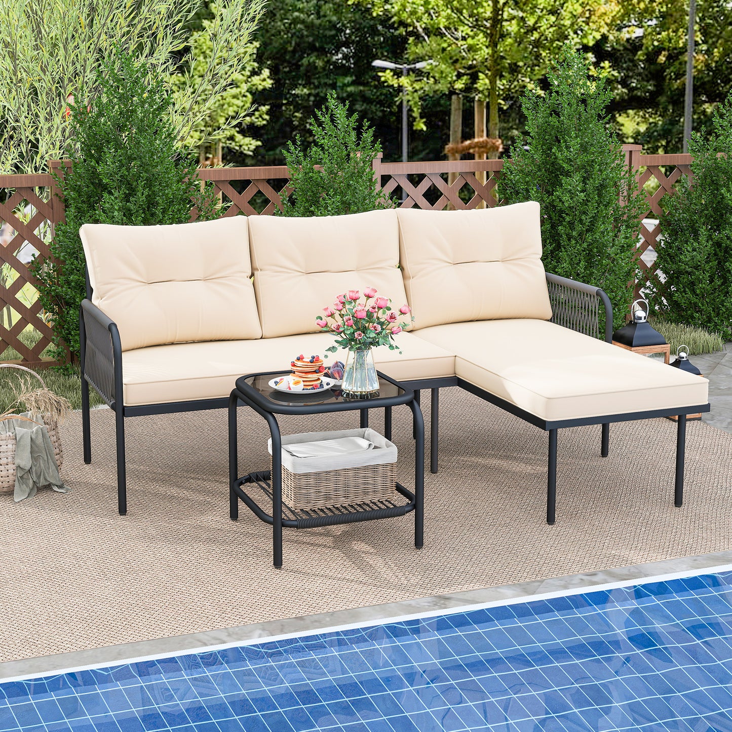 3-Piece L Shaped Patio Furniture Set PE Rattan Sectional Sofas, Beige Patio Conversation Sets at Gallery Canada