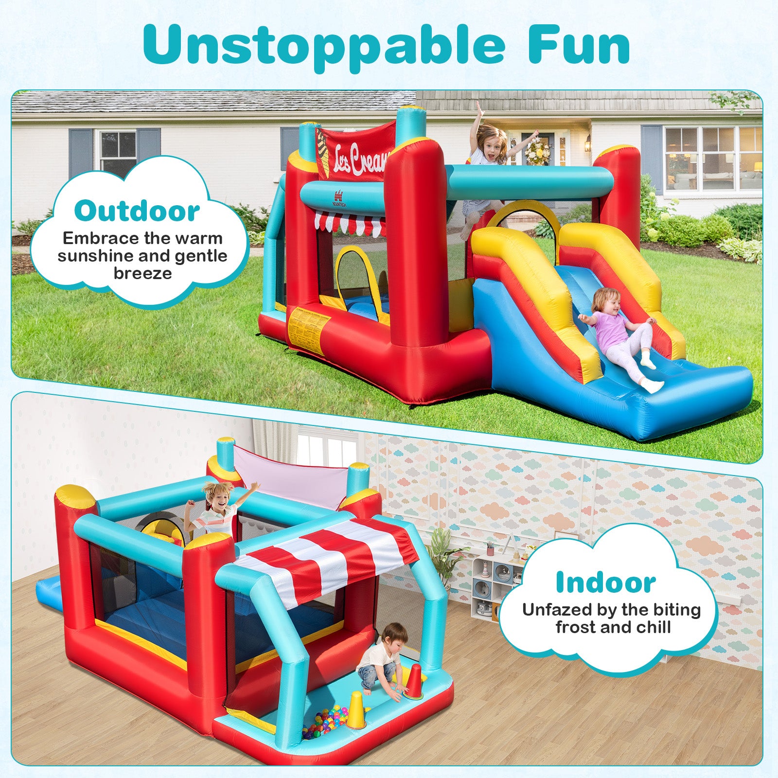 5-in-1 Ice Cream Inflatable Bounce House with Ball Pit and Slide with 480W Blower, Multicolor Bounce House at Gallery Canada