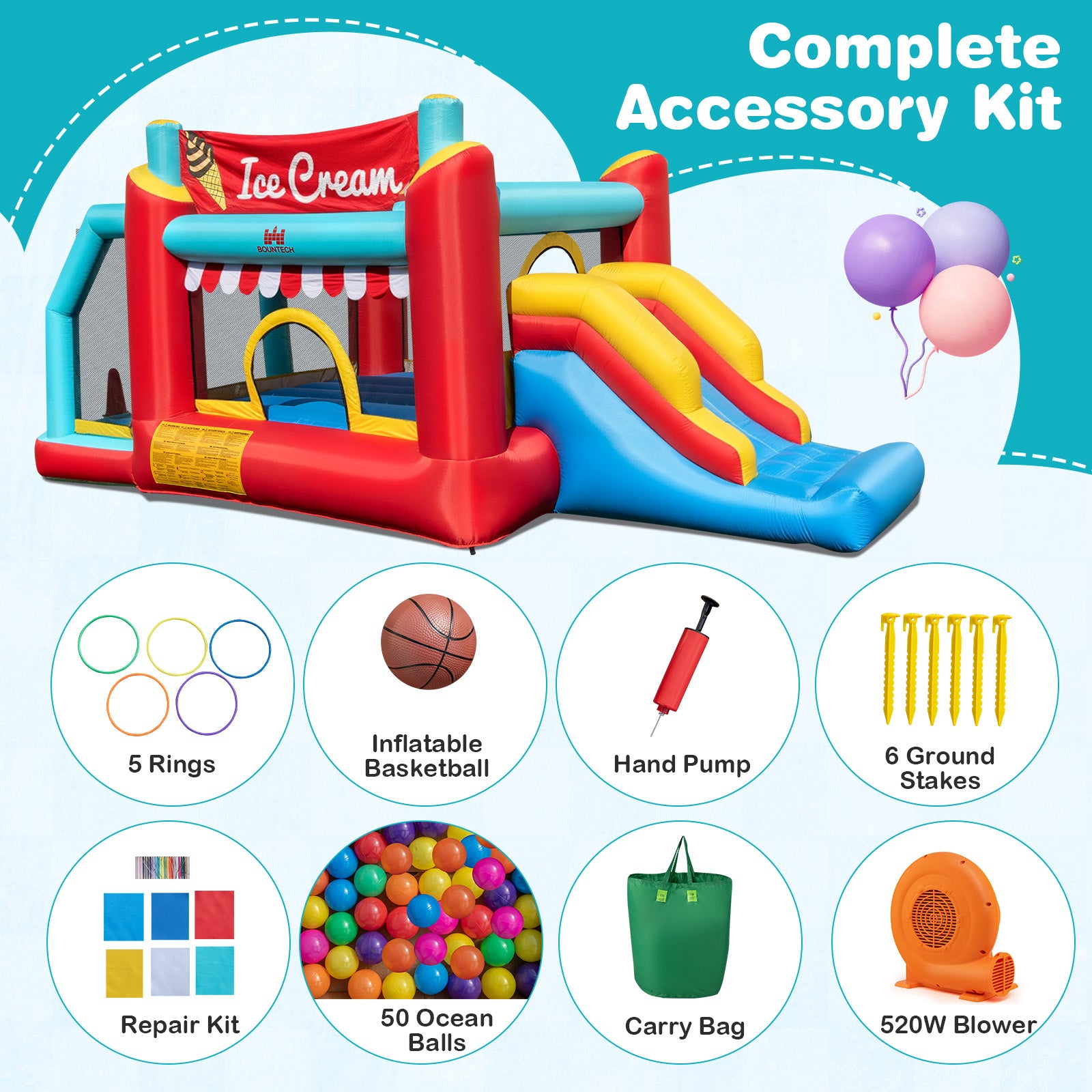 5-in-1 Ice Cream Inflatable Bounce House with Ball Pit and Slide with 520W Blower, Multicolor Bounce House at Gallery Canada