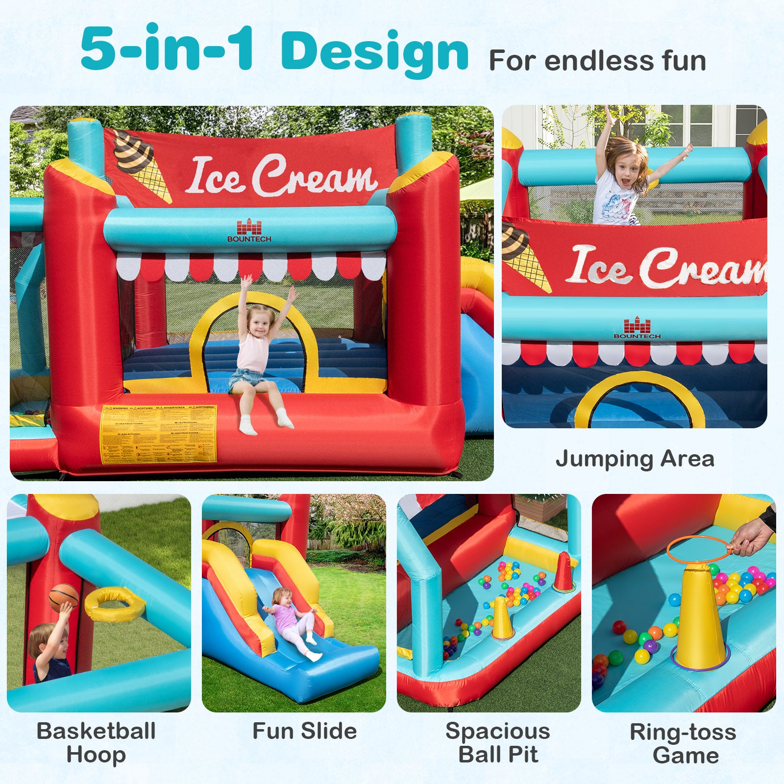 5-in-1 Ice Cream Inflatable Bounce House with Ball Pit and Slide with 520W Blower, Multicolor Bounce House at Gallery Canada