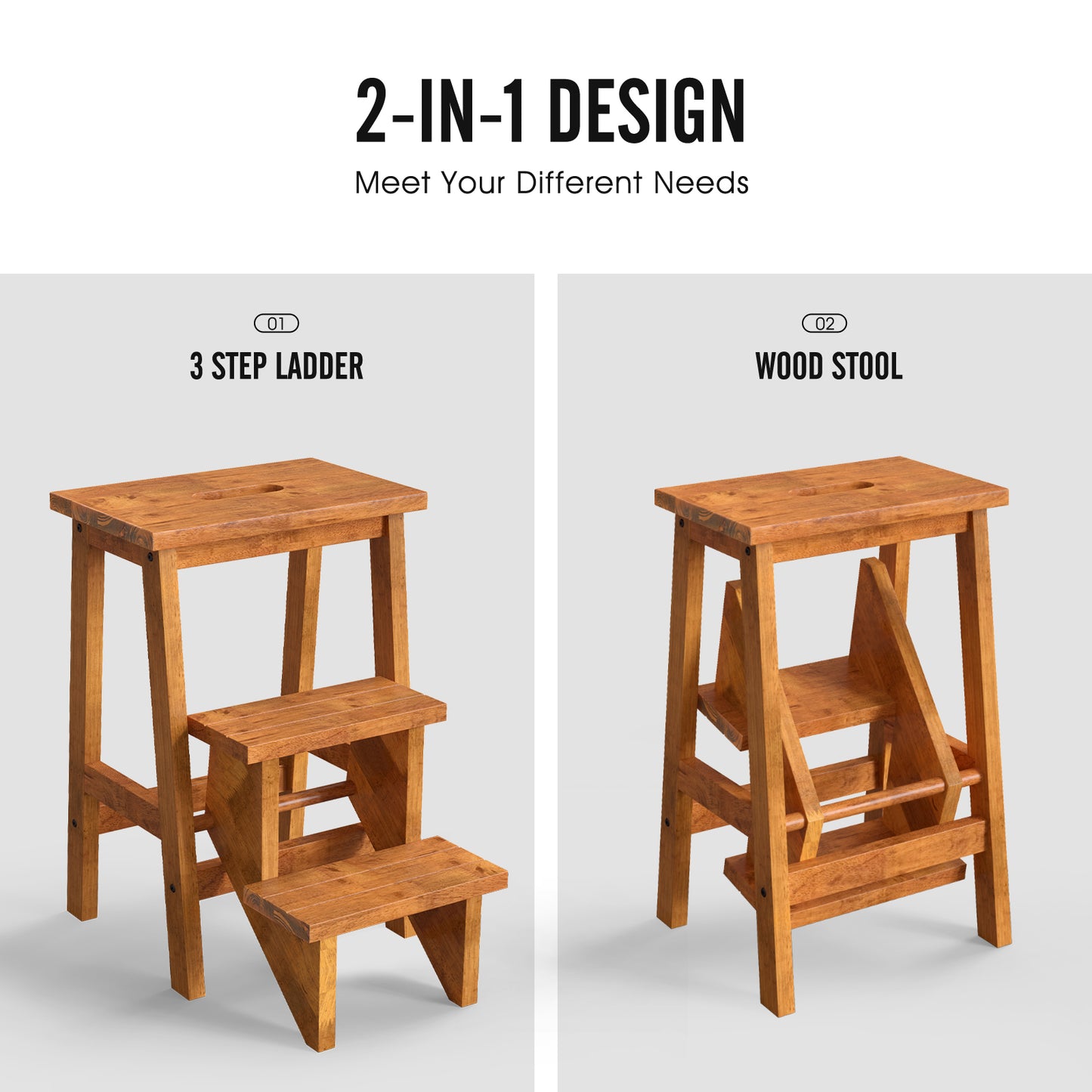 3-in-1 Rubber Wood Step Stool with Convenient Handle, Coffee Kitchen Utensils at Gallery Canada