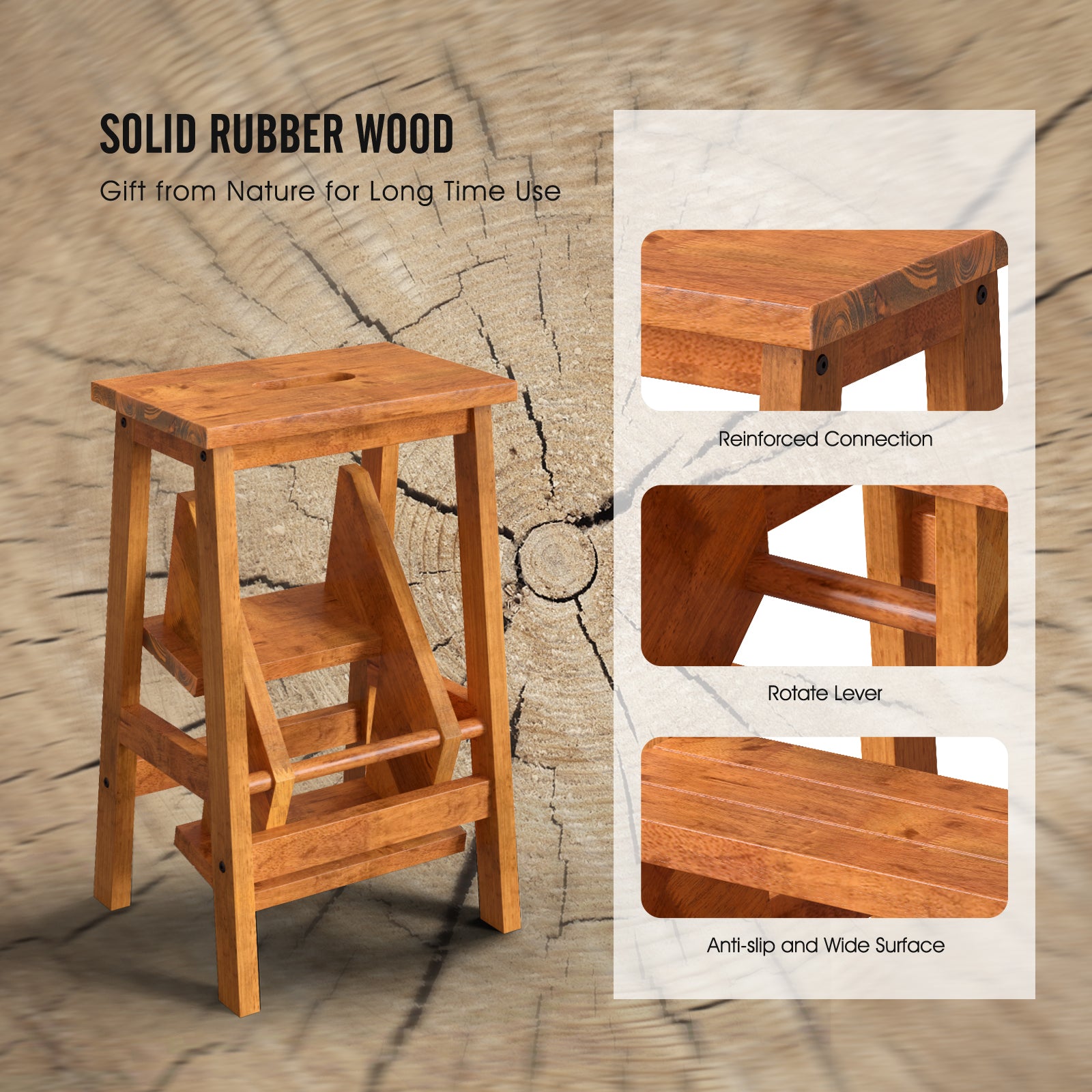 3-in-1 Rubber Wood Step Stool with Convenient Handle, Coffee Kitchen Utensils at Gallery Canada