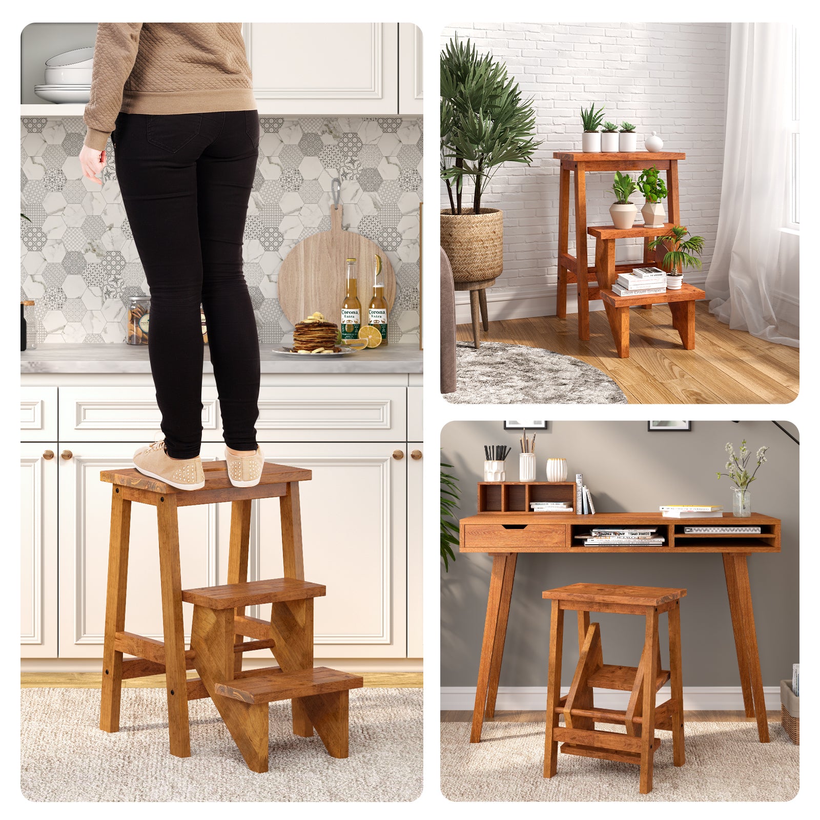 3-in-1 Rubber Wood Step Stool with Convenient Handle, Coffee Kitchen Utensils at Gallery Canada