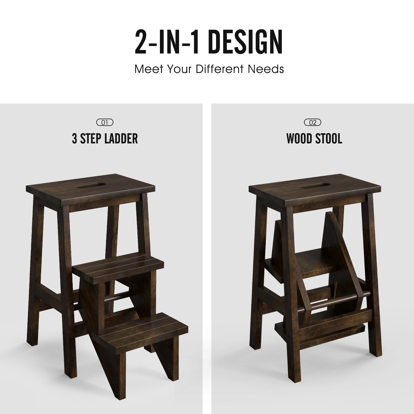 3-In-1 Rubber Wood Step Stool, Brown Kitchen Utensils at Gallery Canada