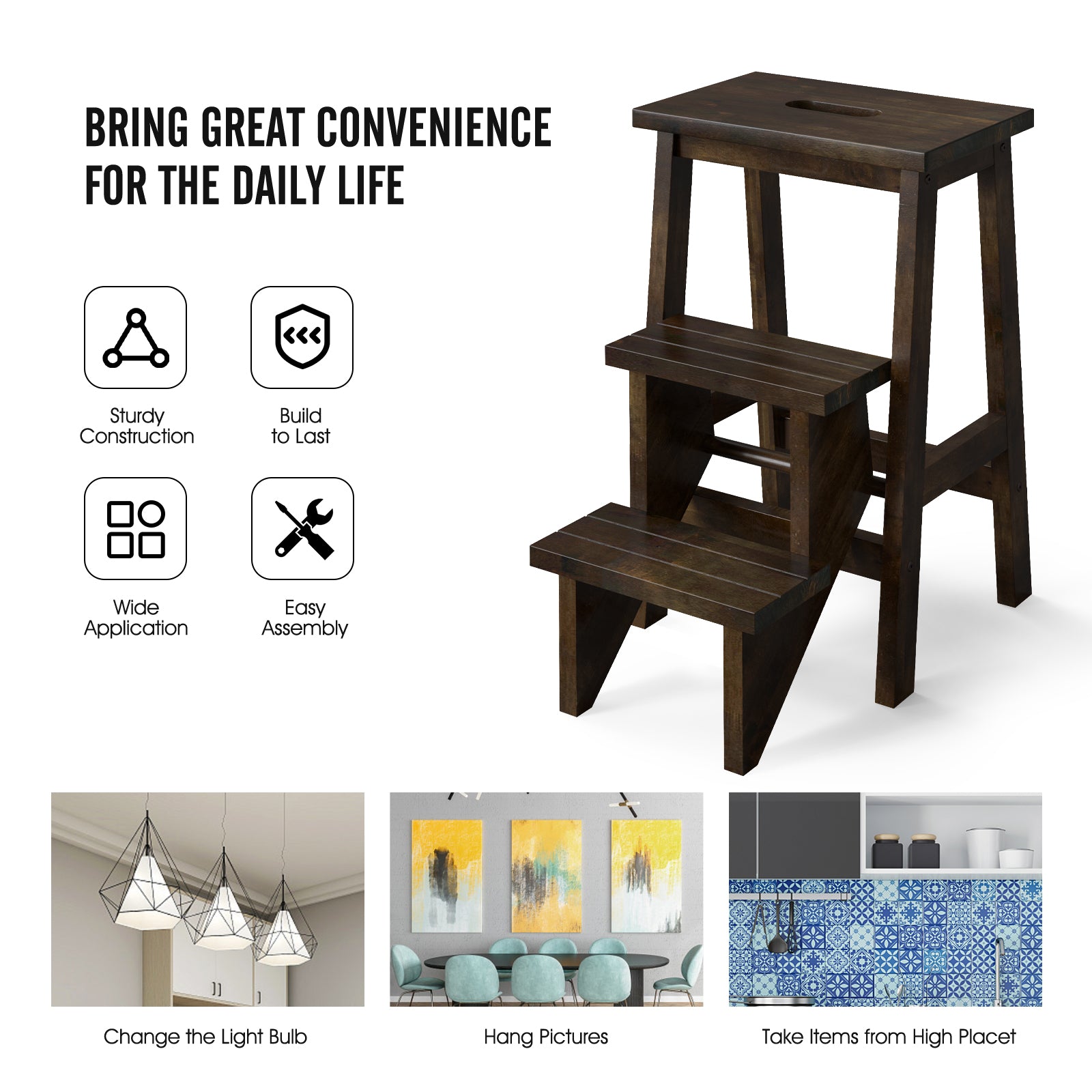 3-In-1 Rubber Wood Step Stool, Brown Kitchen Utensils at Gallery Canada