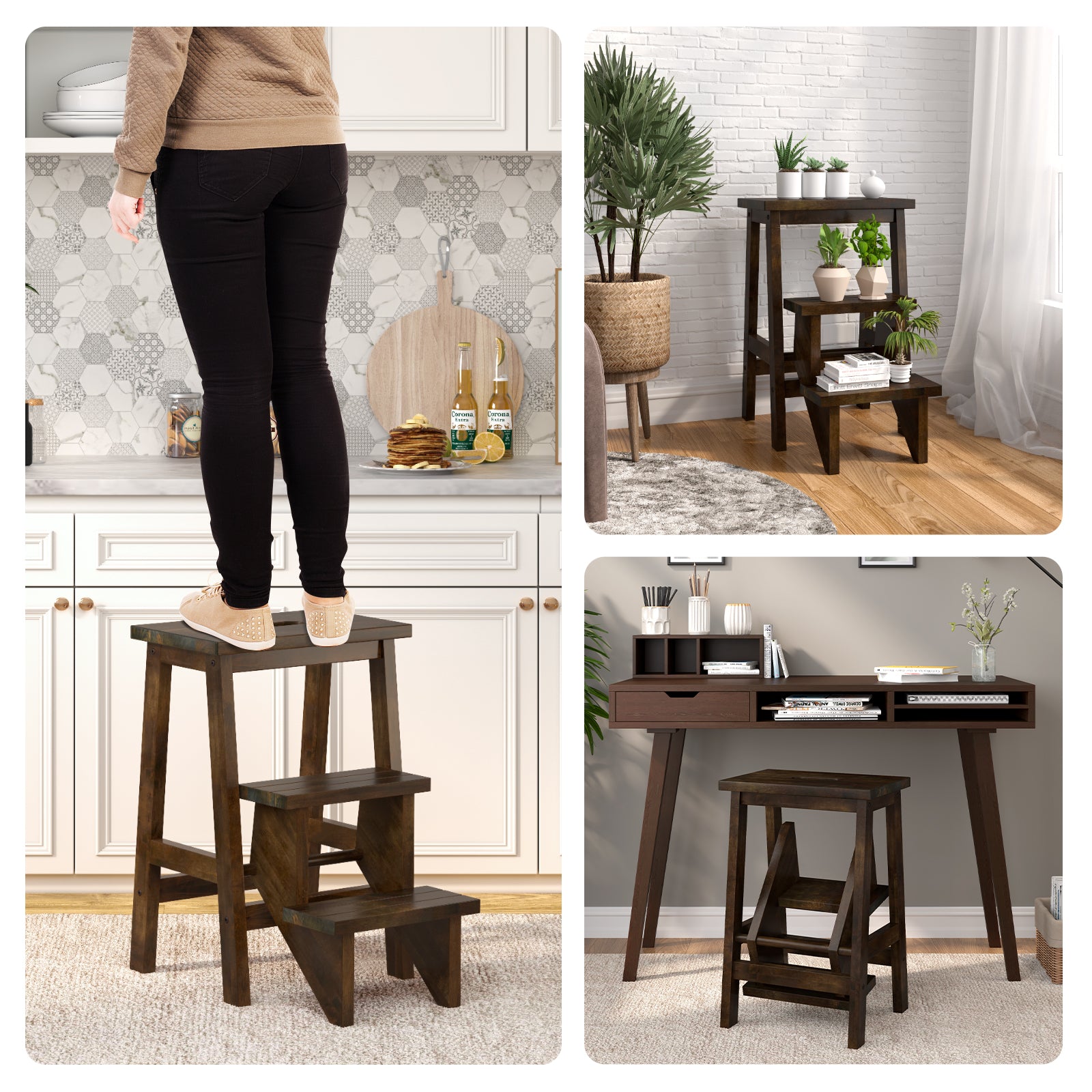 3-In-1 Rubber Wood Step Stool, Brown Kitchen Utensils at Gallery Canada