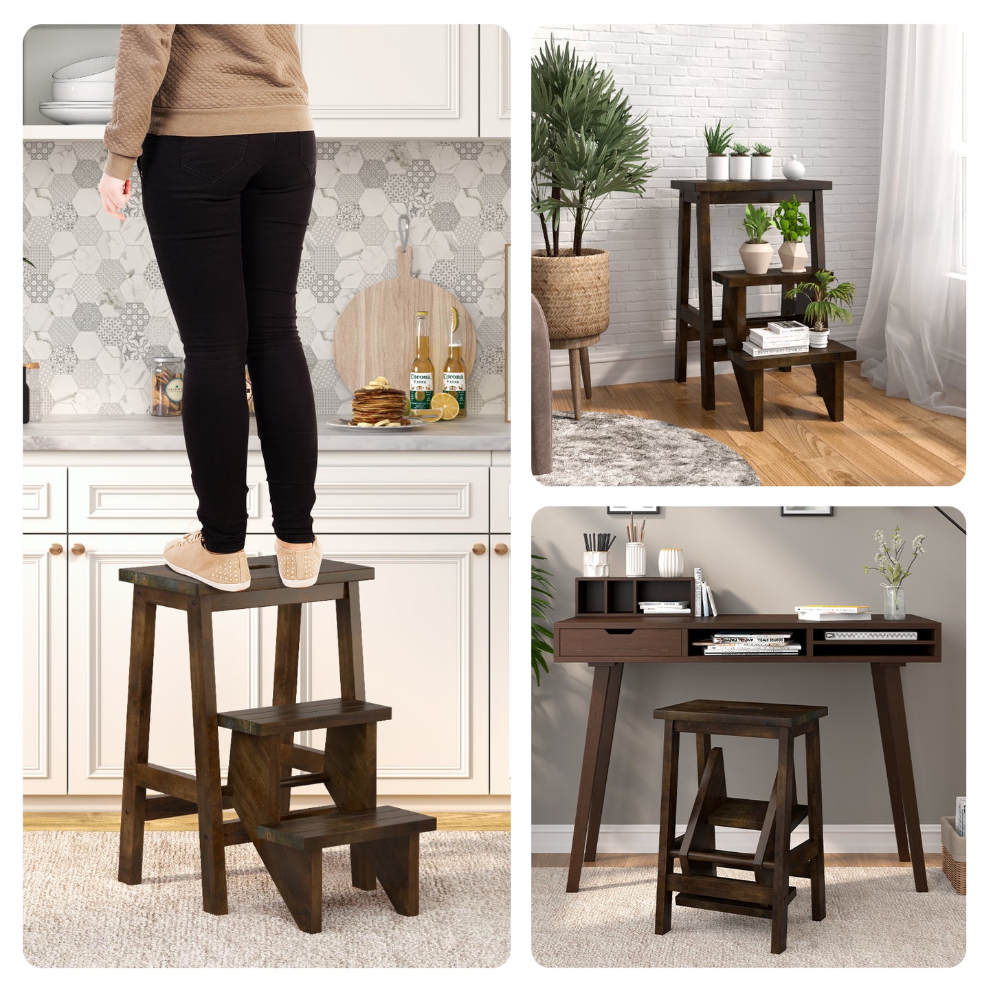 3-In-1 Rubber Wood Step Stool, Brown Kitchen Utensils at Gallery Canada