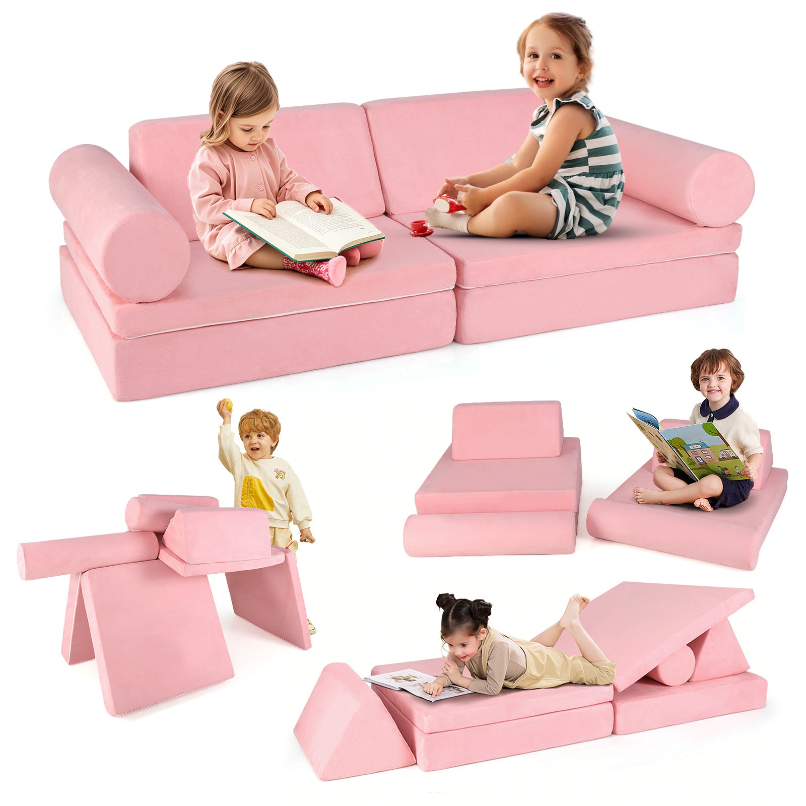 8 Pieces Kids Play Couch Foam Building Fort Play Set with Suede Cover, Pink Kids Chairs & Seating at Gallery Canada