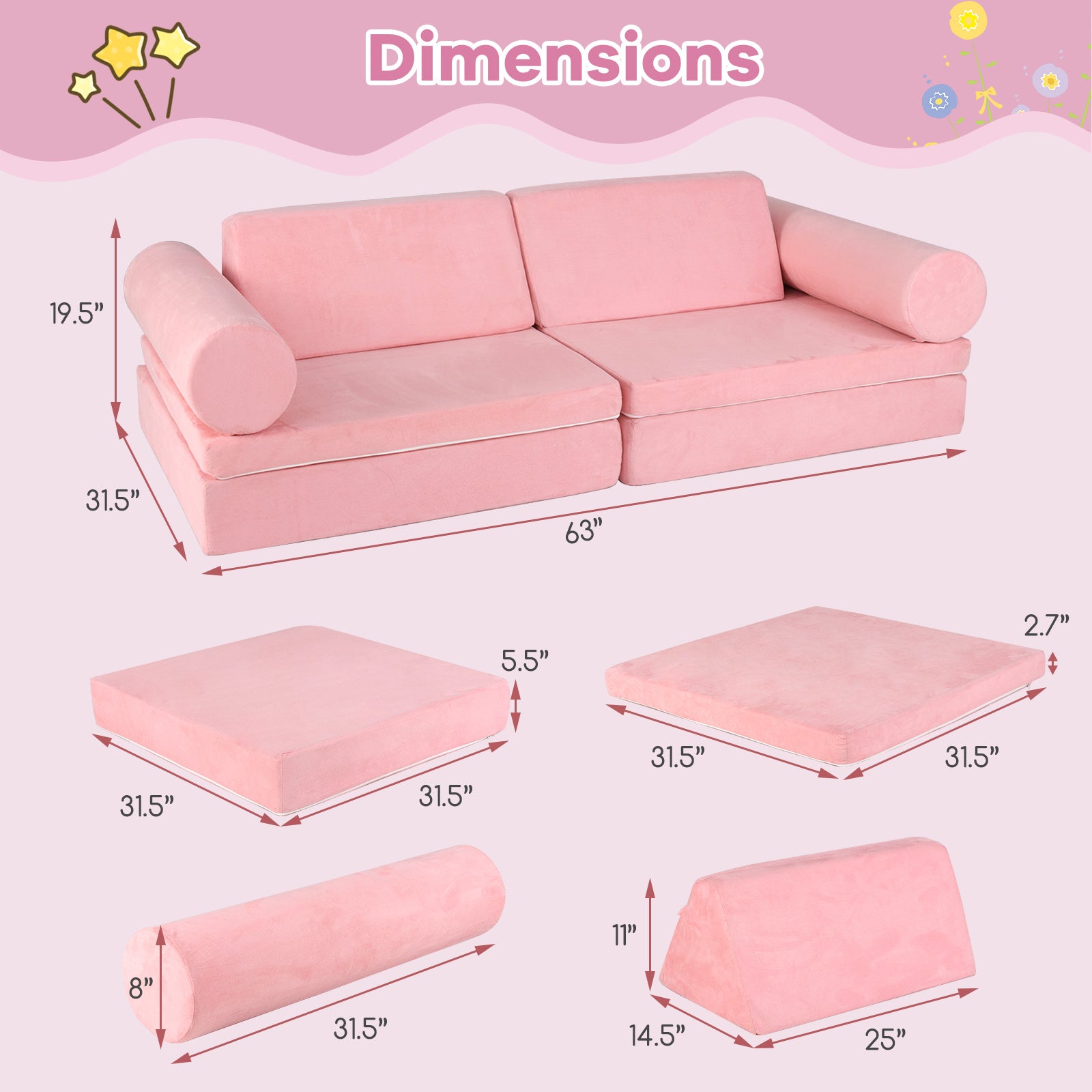8 Pieces Kids Play Couch Foam Building Fort Play Set with Suede Cover, Pink Kids Chairs & Seating at Gallery Canada