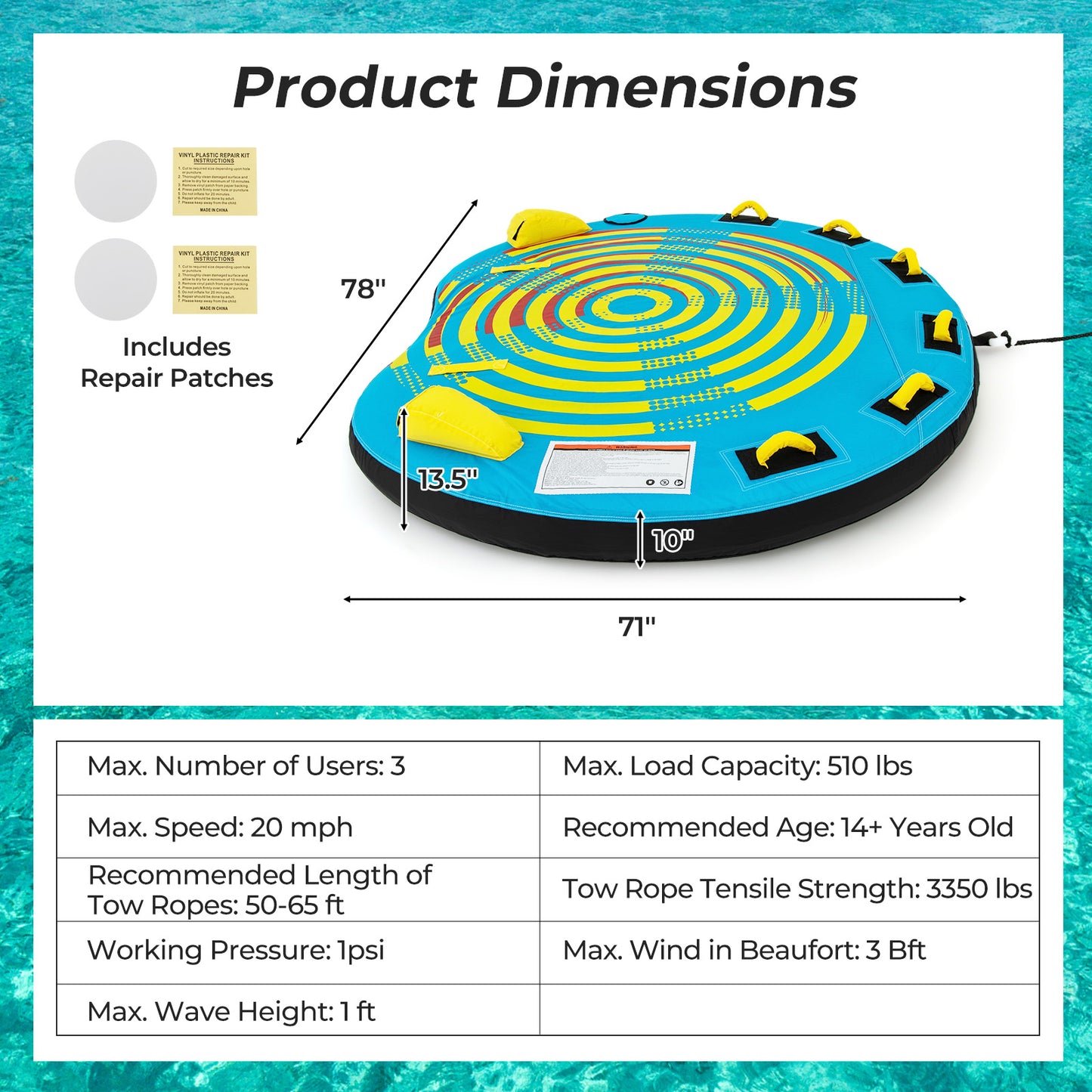 3-Person Inflatable Boat Tube Towable Platform with Double Valves Water Sports at Gallery Canada