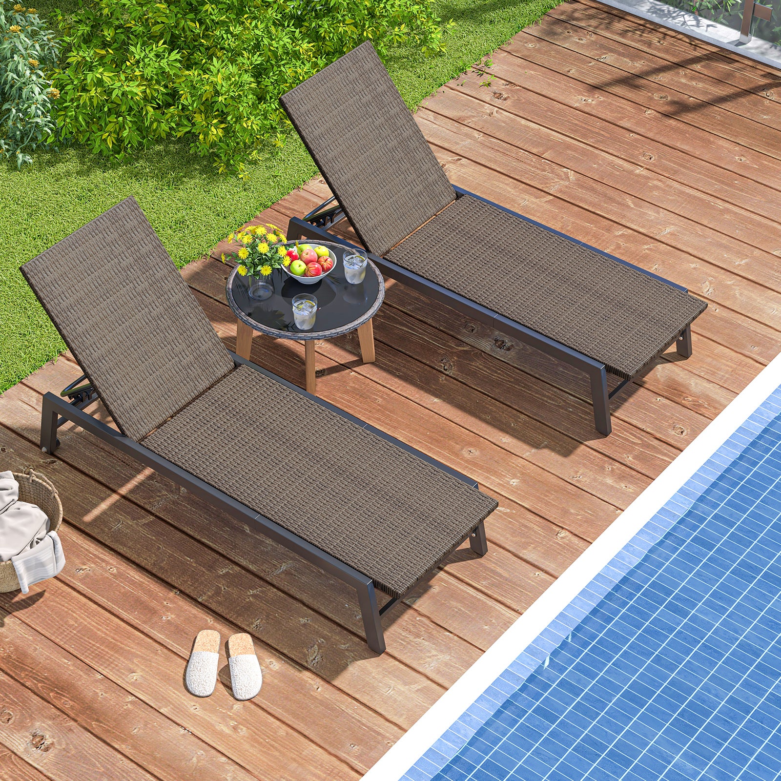 Patio PE Rattan Chaise Lounge, 5-Level Backrest, Wheels, Brown Outdoor Chaise Lounges at Gallery Canada