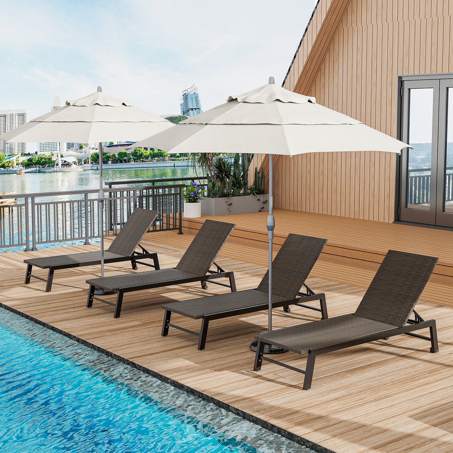 Patio PE Rattan Chaise Lounge, 5-Level Backrest, Wheels, Brown Outdoor Chaise Lounges at Gallery Canada