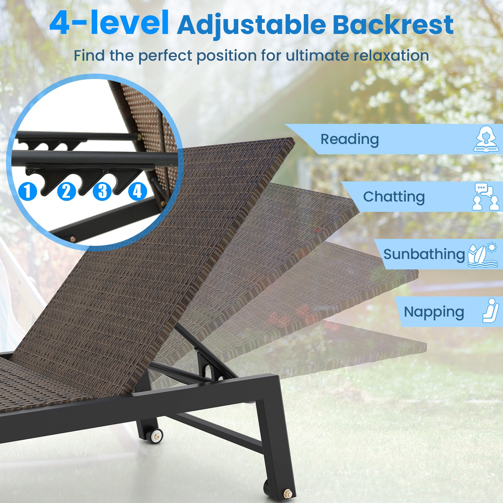 Patio PE Rattan Chaise Lounge, 5-Level Backrest, Wheels, Brown Outdoor Chaise Lounges at Gallery Canada