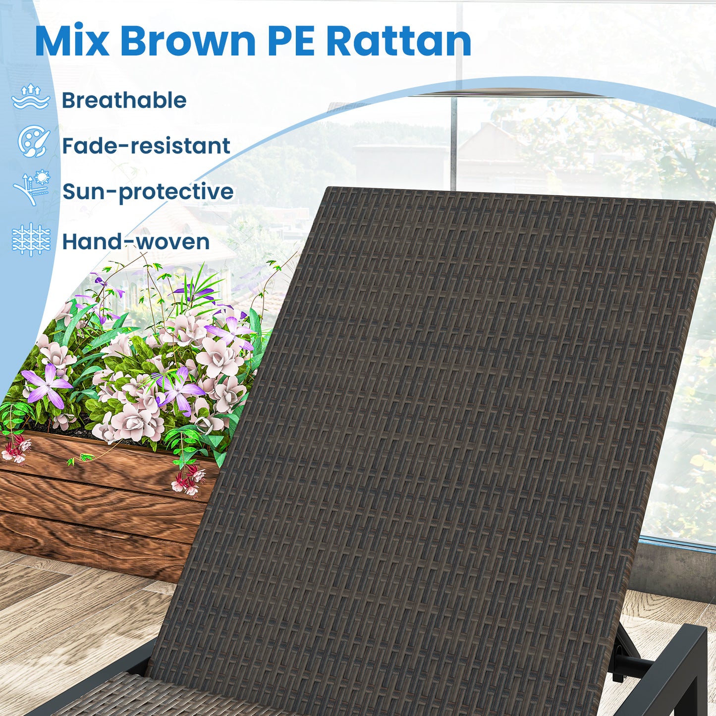 Patio PE Rattan Chaise Lounge, 5-Level Backrest, Wheels, Brown Outdoor Chaise Lounges at Gallery Canada