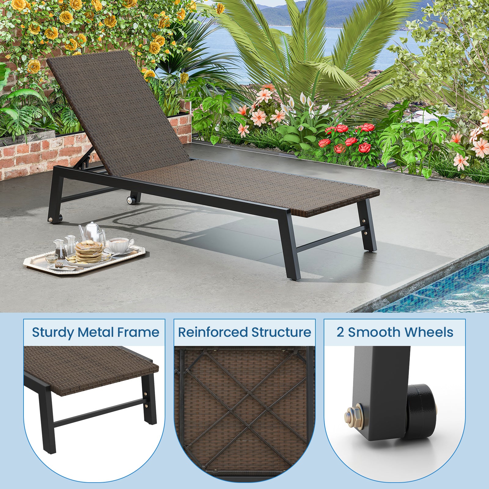 Patio PE Rattan Chaise Lounge, 5-Level Backrest, Wheels, Brown Outdoor Chaise Lounges at Gallery Canada