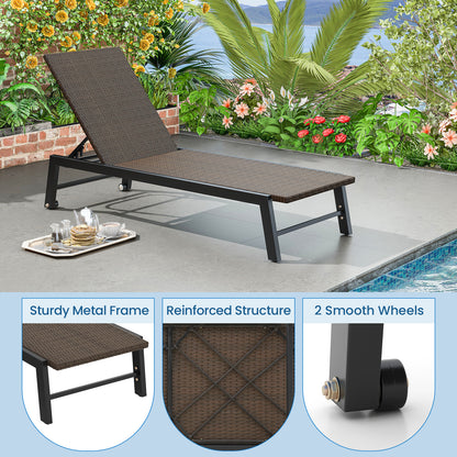 Patio PE Rattan Chaise Lounge, 5-Level Backrest, Wheels, Brown Outdoor Chaise Lounges at Gallery Canada
