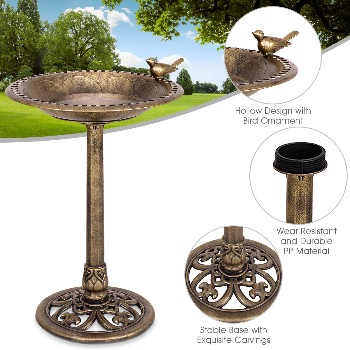 Antique Gold Freestanding Pedestal Bird Bath Feeder, Golden Bird Supplies at Gallery Canada