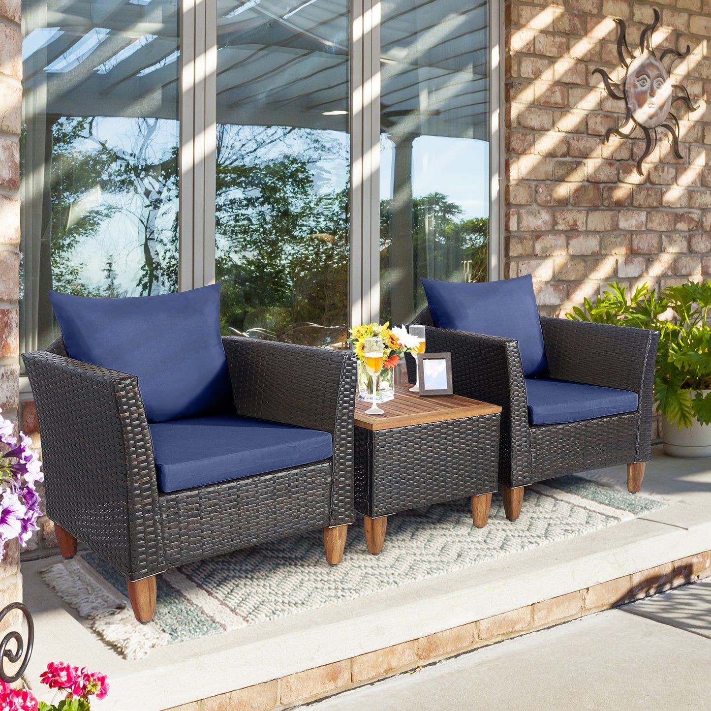 3 Piece Patio Rattan Bistro Set, Navy Patio Conversation Sets at Gallery Canada