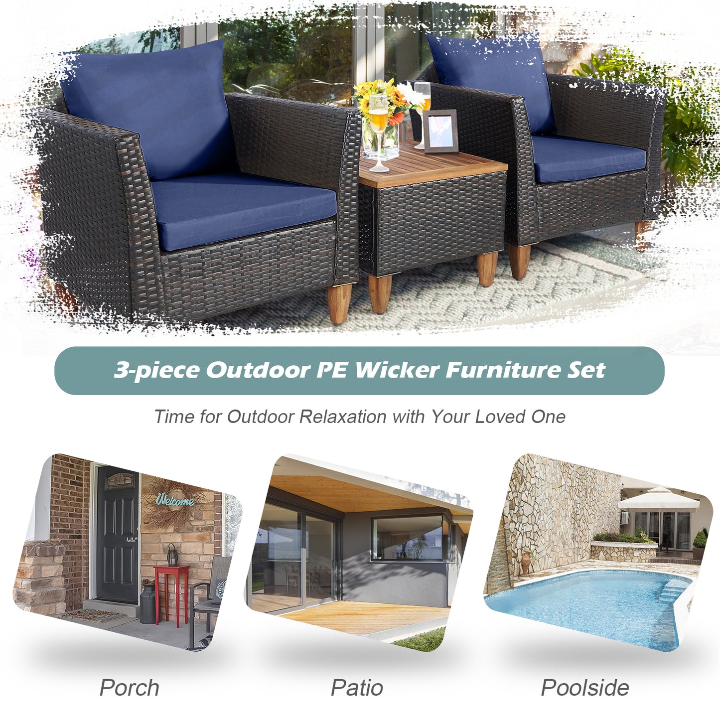 3 Piece Patio Rattan Bistro Set, Navy Patio Conversation Sets at Gallery Canada