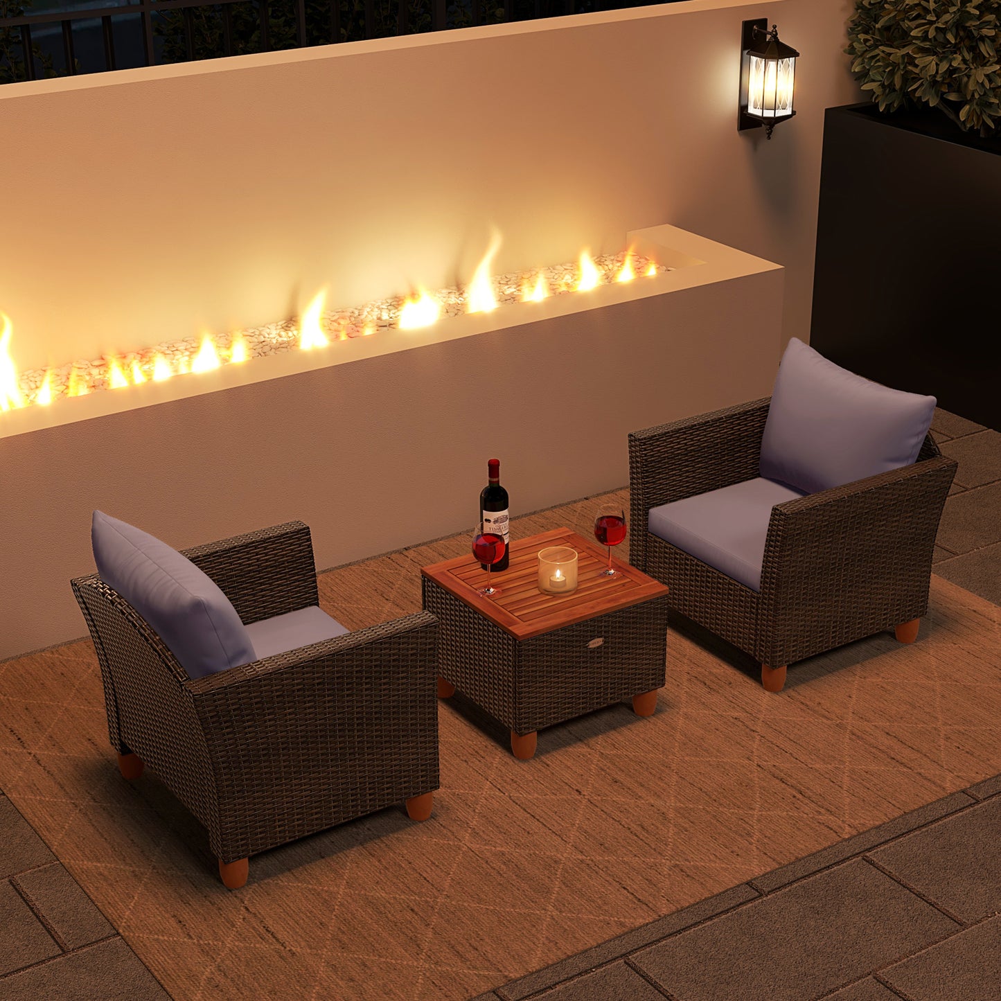 3 Pieces Patio Rattan Bistro Furniture Set with Wooden Table Top, Gray Patio Conversation Sets at Gallery Canada