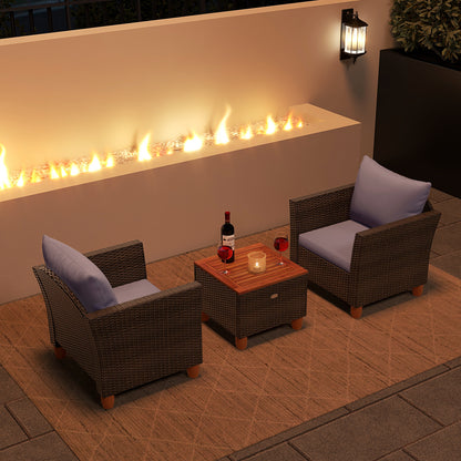 3 Pieces Patio Rattan Bistro Furniture Set with Wooden Table Top, Gray Patio Conversation Sets at Gallery Canada