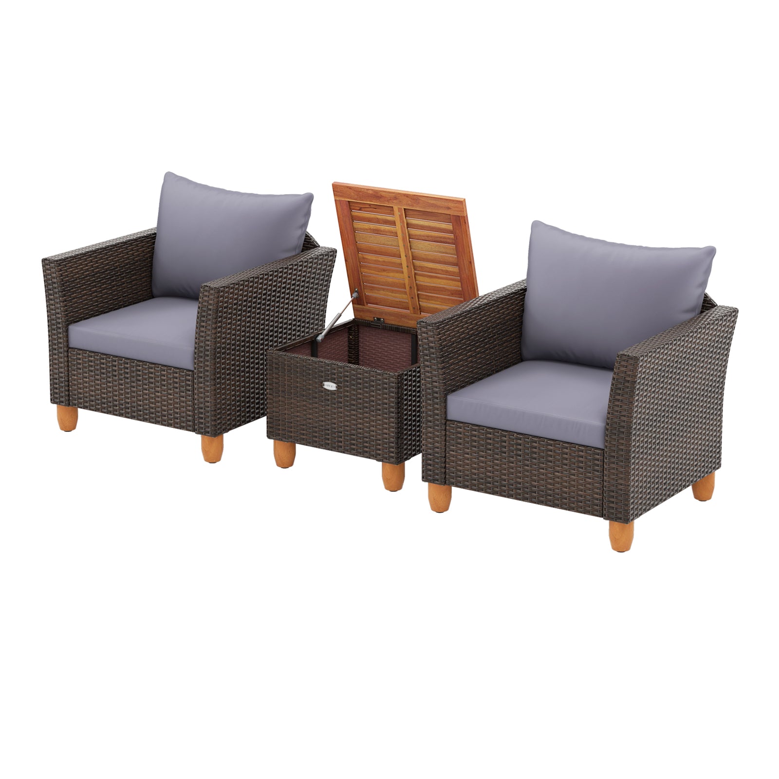 3 Pieces Patio Rattan Bistro Furniture Set with Wooden Table Top, Gray Patio Conversation Sets at Gallery Canada