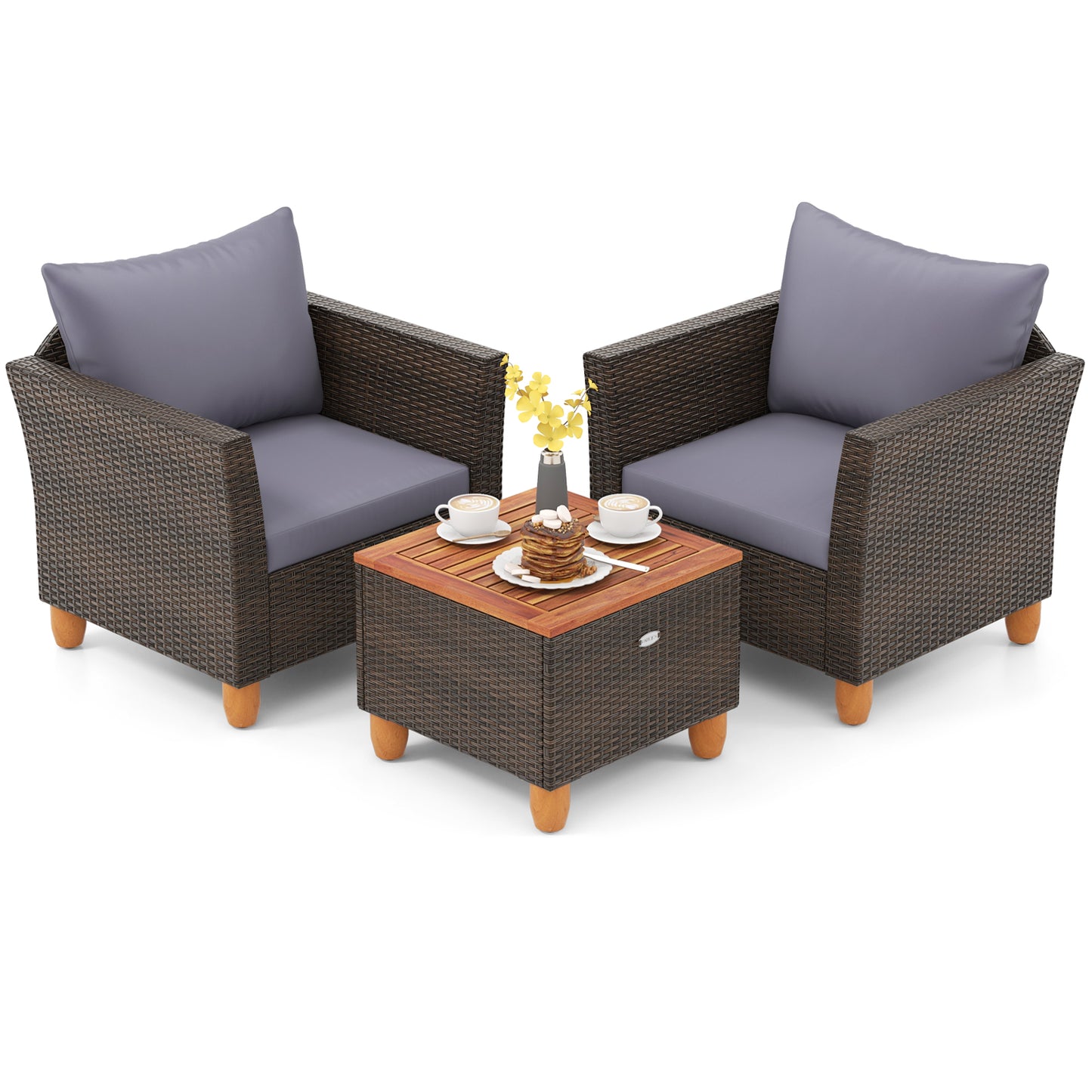 3 Pieces Patio Rattan Bistro Furniture Set with Wooden Table Top, Gray Patio Conversation Sets Gray at Gallery Canada