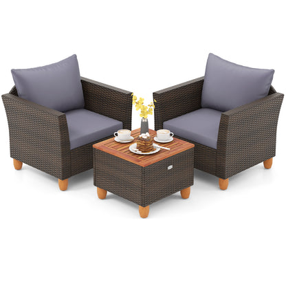 3 Pieces Patio Rattan Bistro Furniture Set with Wooden Table Top, Gray Patio Conversation Sets Gray at Gallery Canada