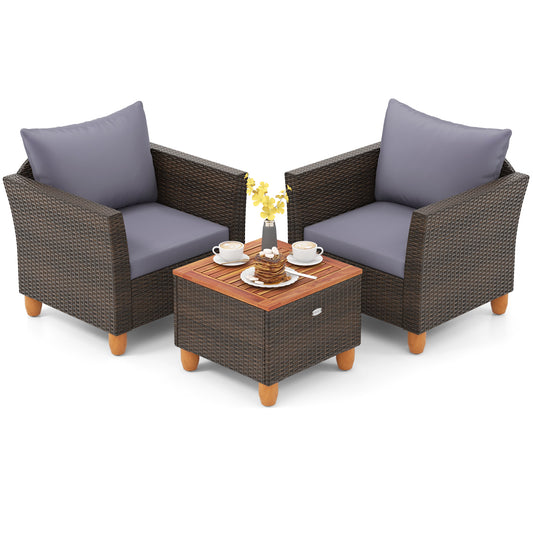 3 Pieces Patio Rattan Bistro Furniture Set with Wooden Table Top, Gray Patio Conversation Sets Gray at Gallery Canada