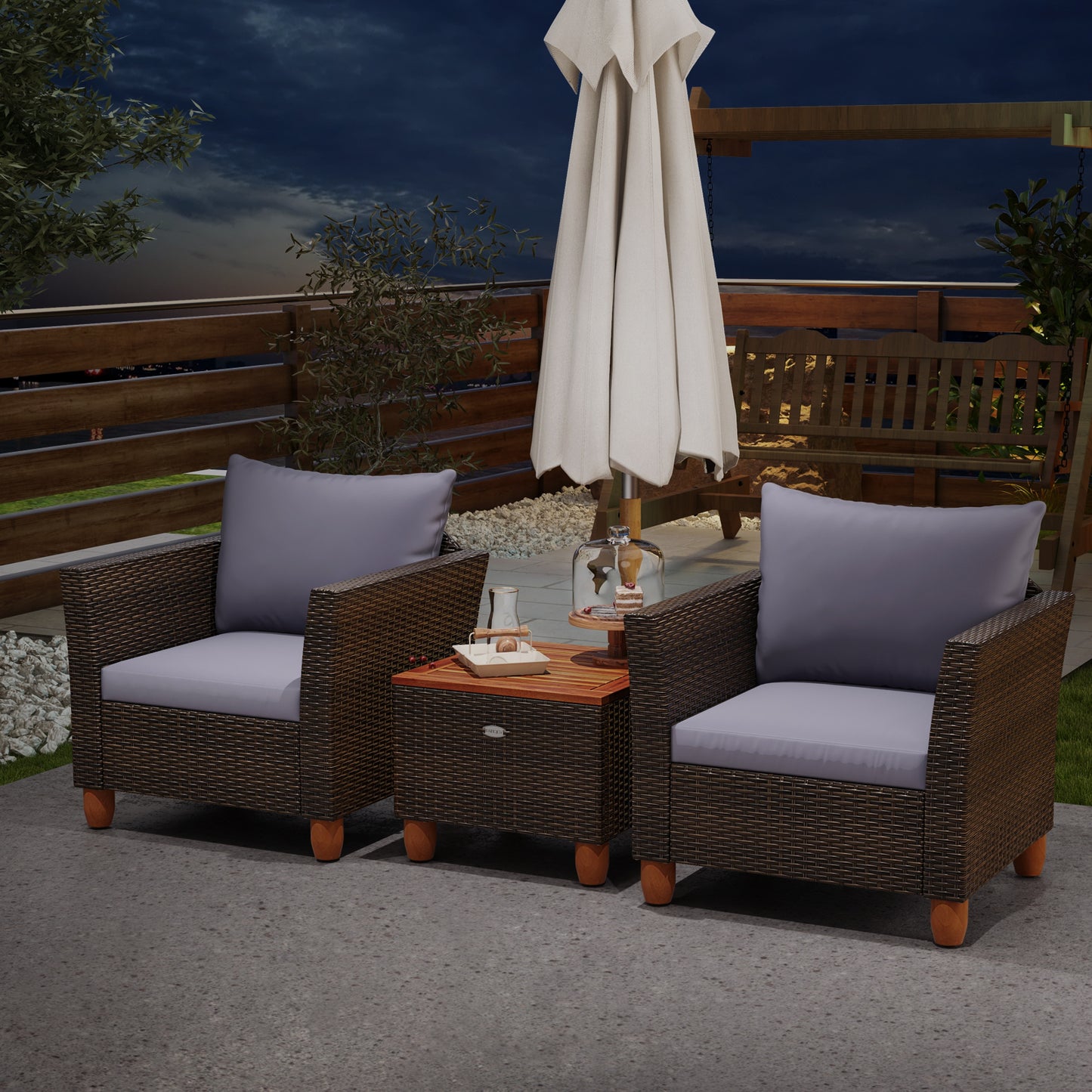 3 Pieces Patio Rattan Bistro Furniture Set with Wooden Table Top, Gray Patio Conversation Sets at Gallery Canada
