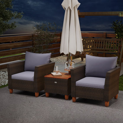 3 Pieces Patio Rattan Bistro Furniture Set with Wooden Table Top, Gray Patio Conversation Sets at Gallery Canada