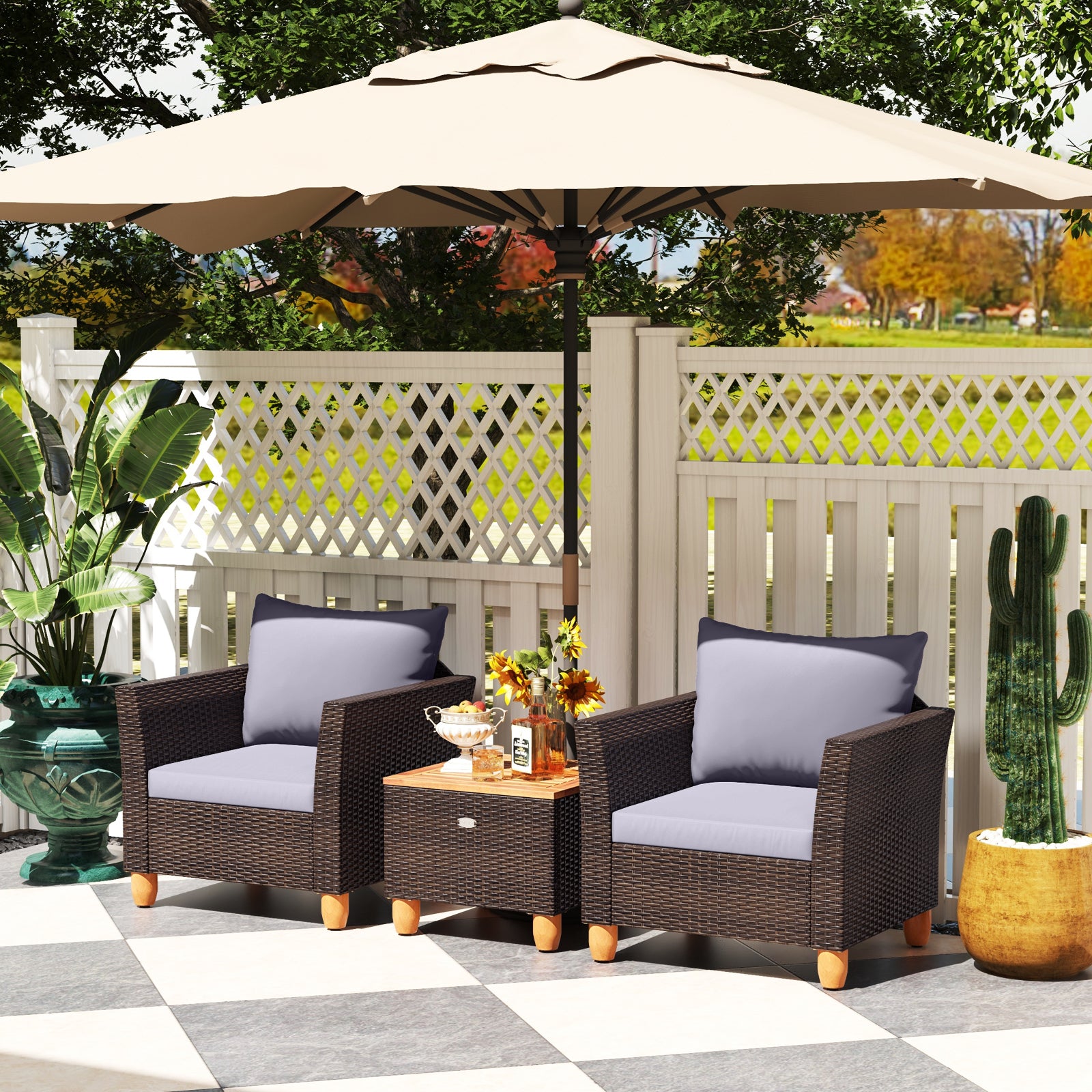 3 Pieces Patio Rattan Bistro Furniture Set with Wooden Table Top, Gray Patio Conversation Sets at Gallery Canada