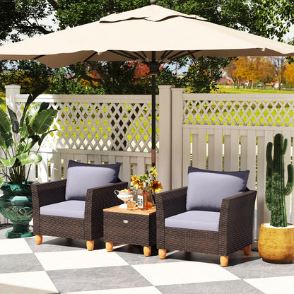 3 Pieces Patio Rattan Bistro Furniture Set with Wooden Table Top, Gray Patio Conversation Sets at Gallery Canada