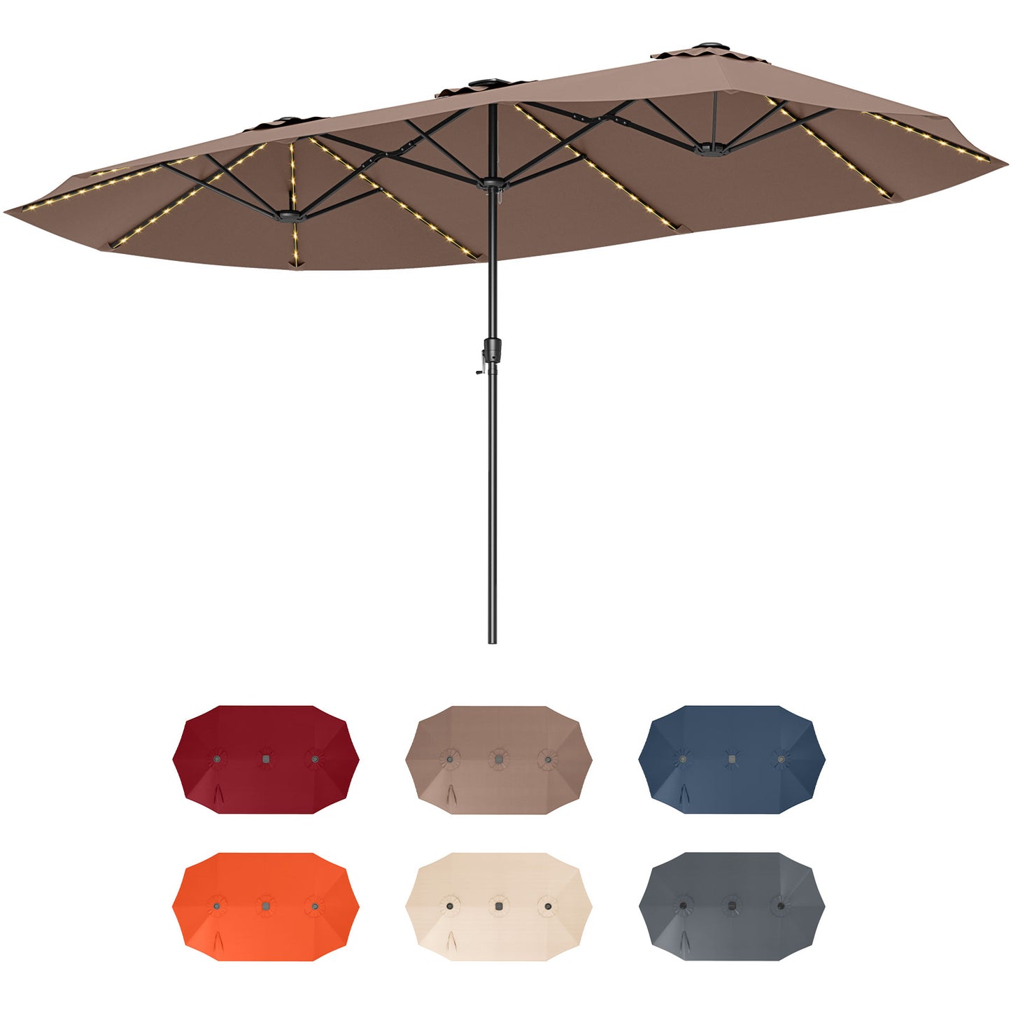 15.5 FT Extra-Large Patio Umbrella, LED Solar Lights, Crank Handle, Brown Outdoor Umbrellas at Gallery Canada
