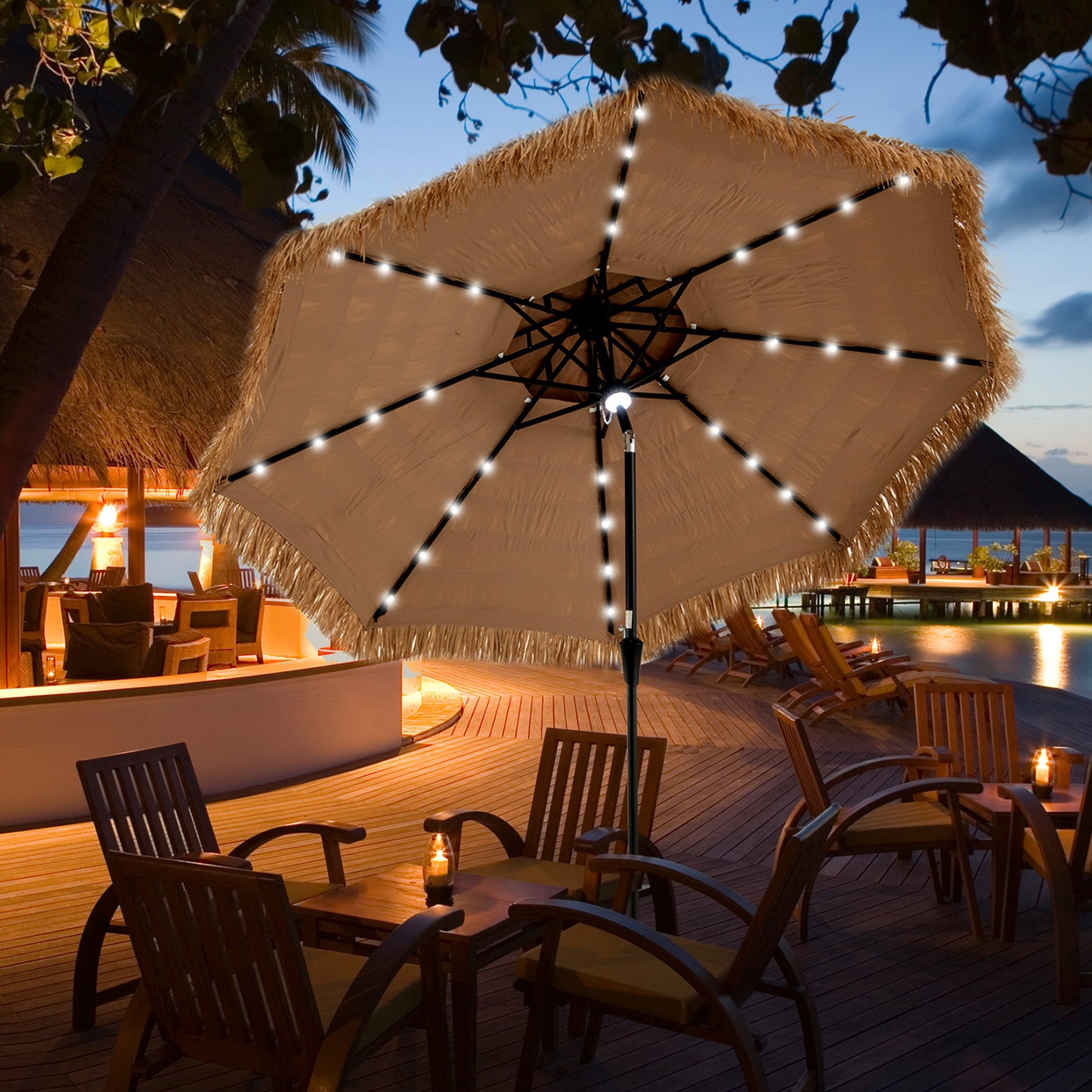 10 Feet Hawaiian Solar Lighted Tiki Patio Umbrella Outdoor Umbrellas at Gallery Canada