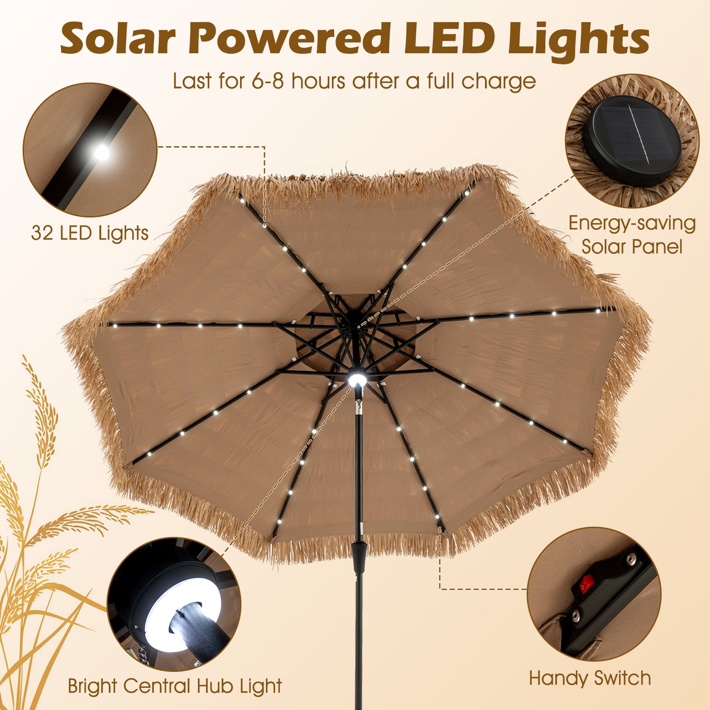10 Feet Hawaiian Solar Lighted Tiki Patio Umbrella Outdoor Umbrellas at Gallery Canada